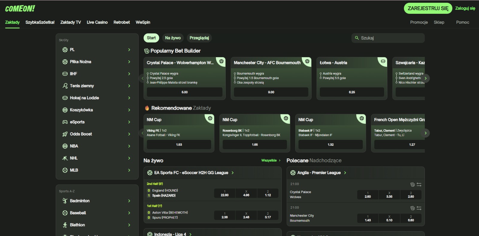 Comeon homepage