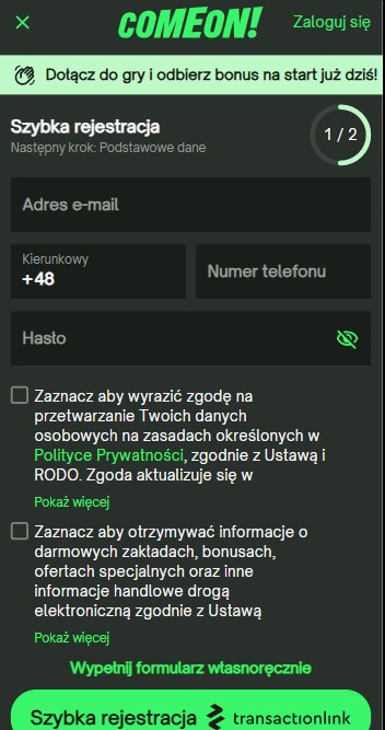 Registration comeon Mobile